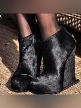 BCGB MAXAZRIA Black Ponyhair Fur Wedge Ankle Booties